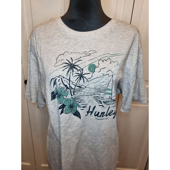 NWT Gray Hurley Graphic Tee Palm Trees Sailbot sz M Casual Surfer Back to School - Picture 2 of 4